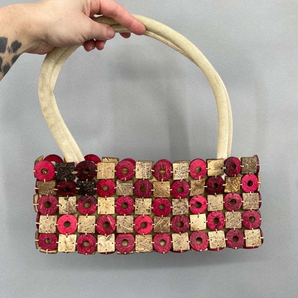 Vintage Unique Beaded‎ Woven Handbag Red Wood Square Circle Pattern Bamboo